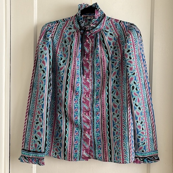 Cristin Stevens Vintage High Neck Lightweight Paisley Stripe Ruffle Blouse Top - Picture 2 of 14